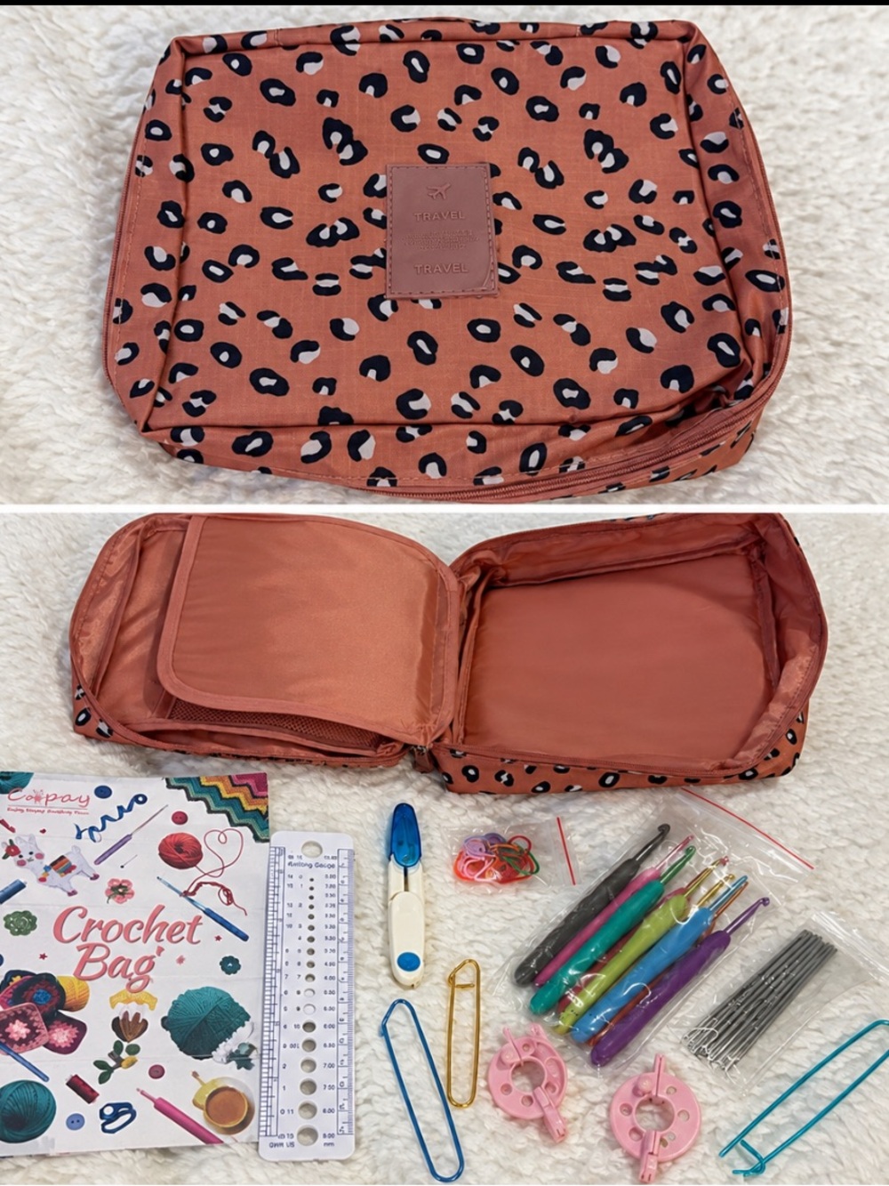 Crochet Hook & Knitting Accessories Kit with Leopard Print Organizer Bag